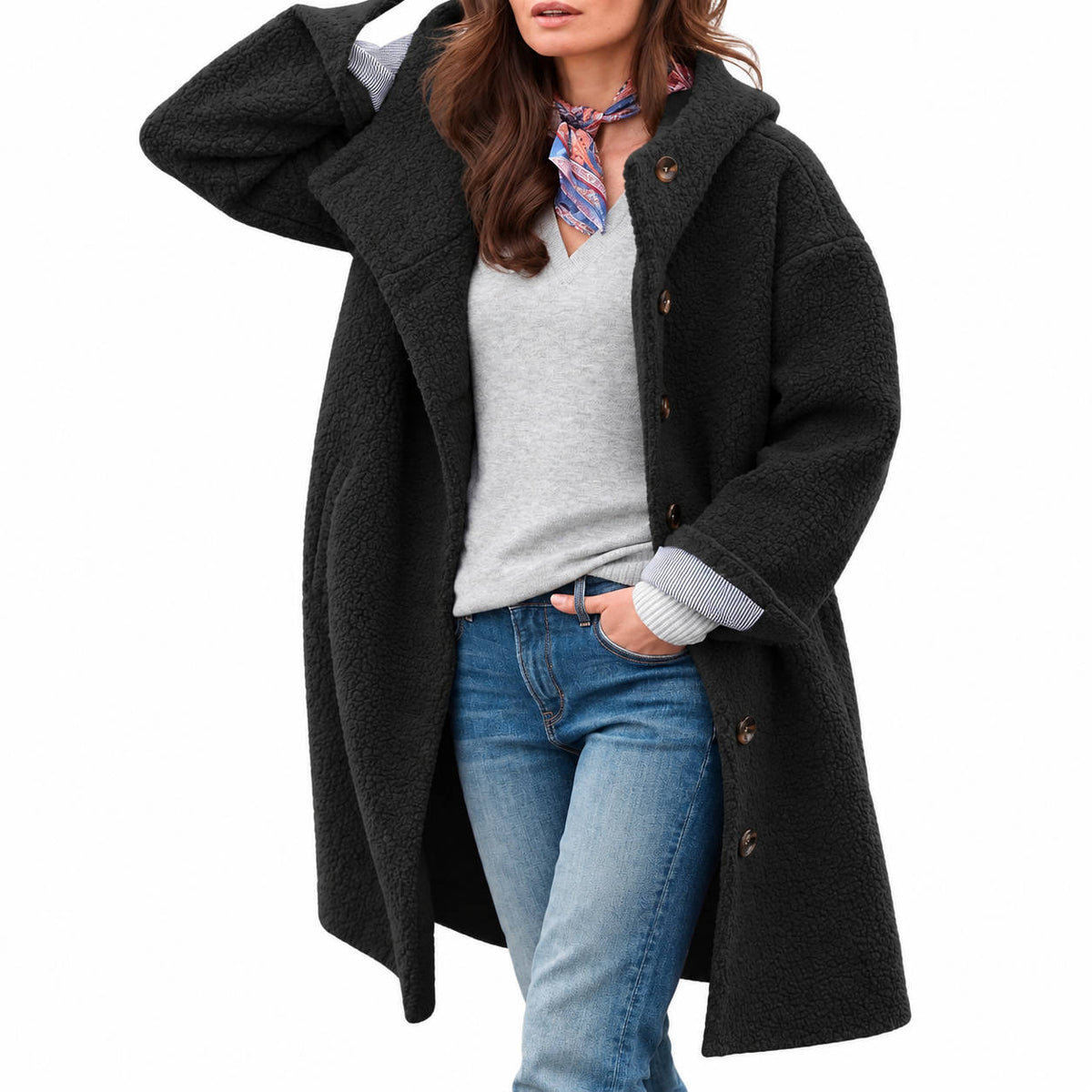 Women's Hooded Wool Coat, Long Button Front Winter Jacket, Casual Warm Outerwear