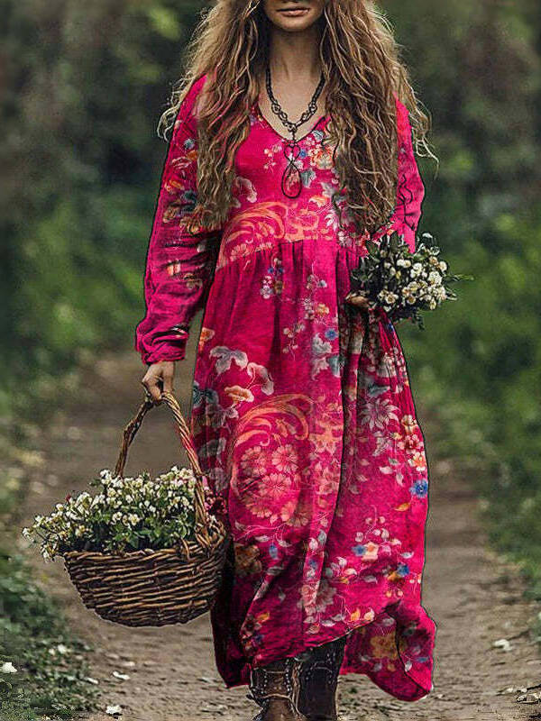 Womens Vintage Western Style V Neck Maxi Dress, Long Casual Dress for Everyday  Wear