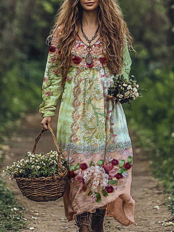 Womens Vintage Western Style V Neck Maxi Dress, Long Casual Dress for Everyday  Wear