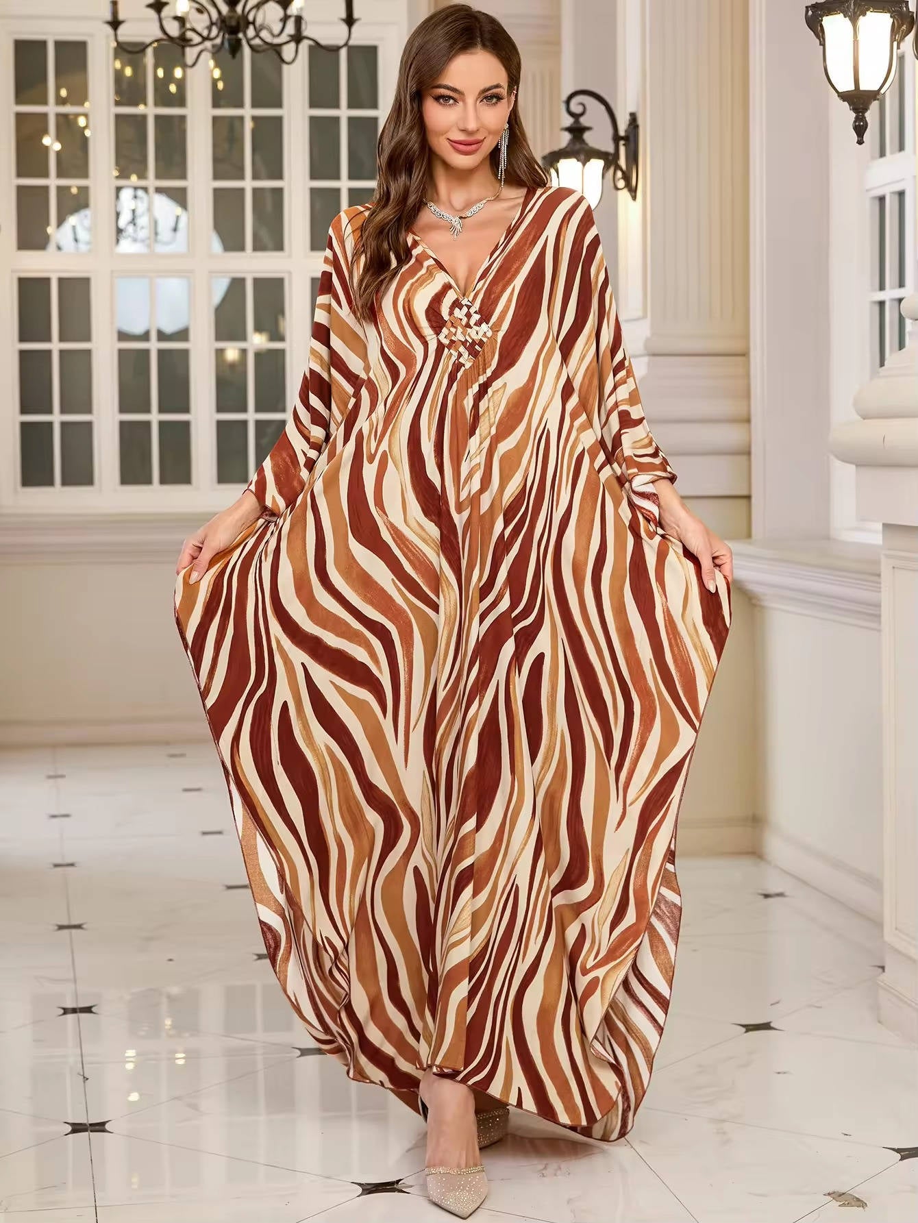 Moomoo Dresses for Women, Plus Size V Neck Batwing Sleeve Floral Kaftan Beach Cover Up Dress