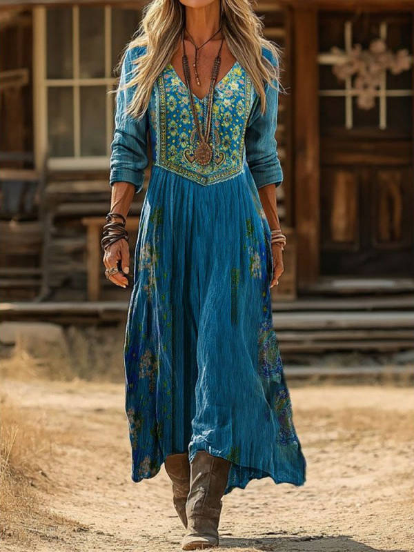 Womens Vintage Western Style V Neck Maxi Dress, Long Casual Dress for Everyday  Wear