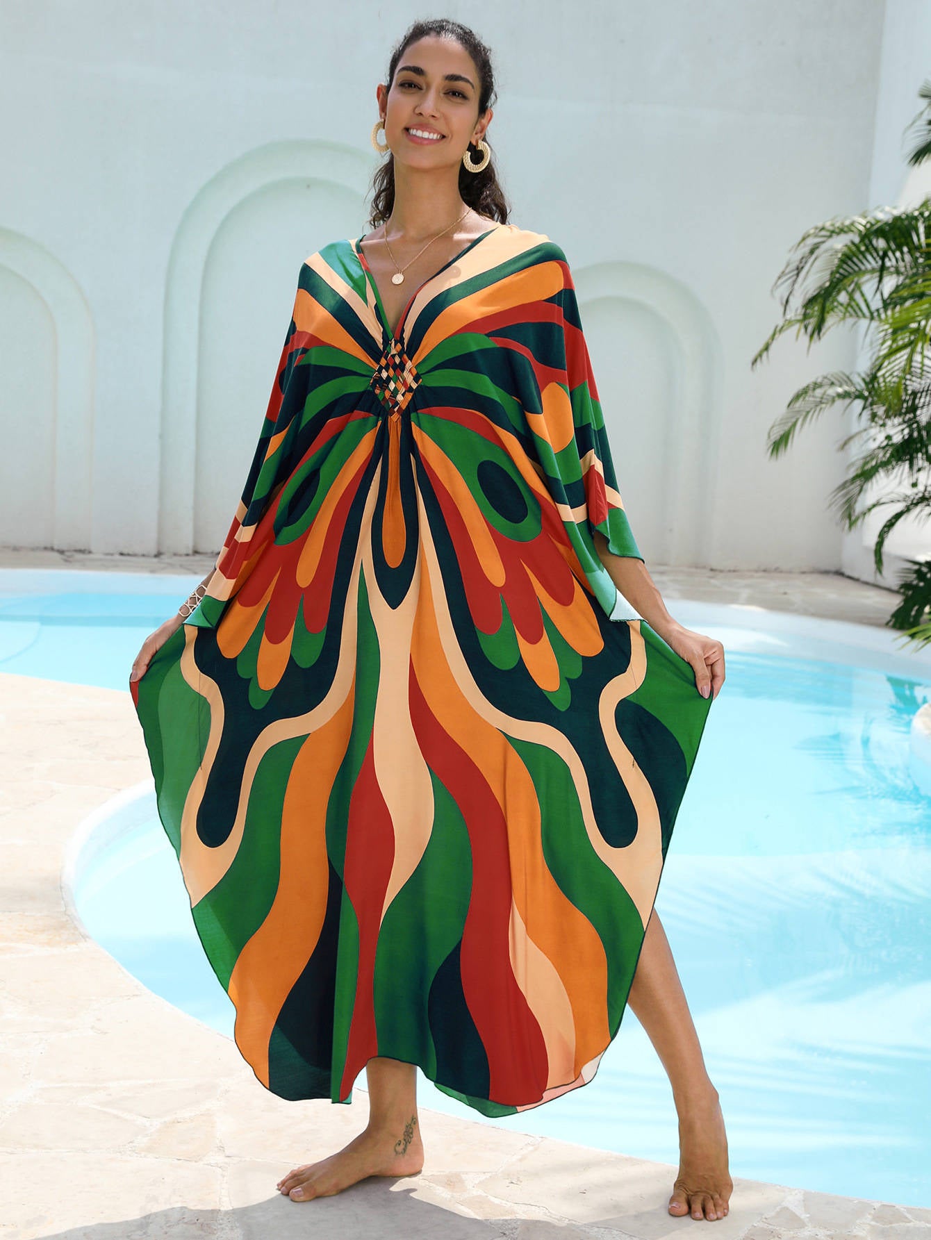 Moomoo Dresses for Women, Plus Size Hawaiian Batwing Sleeve Kaftan Beach Cover Up Dress