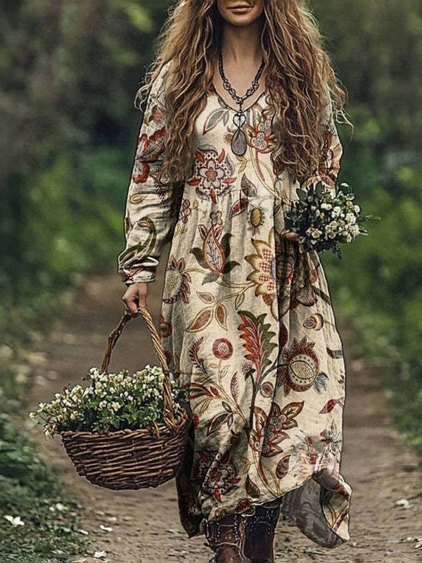 Womens Vintage Western Style V Neck Maxi Dress, Long Casual Dress for Everyday  Wear