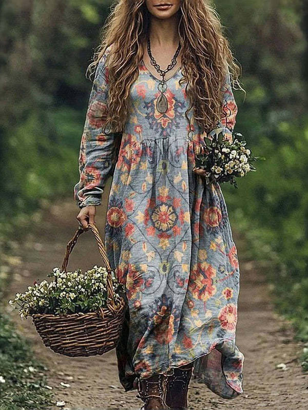 Womens Vintage Western Style V Neck Maxi Dress, Long Casual Dress for Everyday  Wear