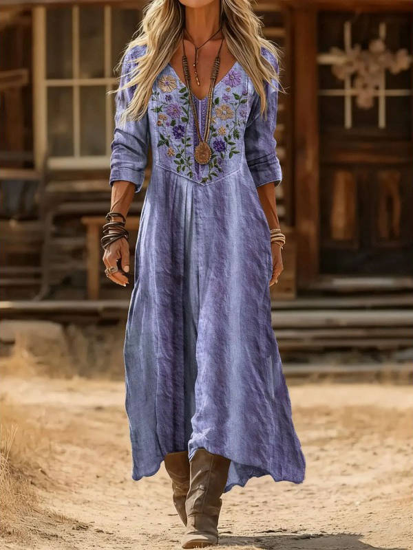 Womens Vintage Western Style V Neck Maxi Dress, Long Casual Dress for Everyday  Wear