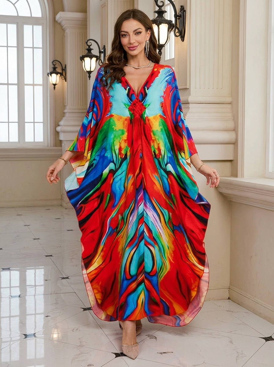 Moomoo Dresses for Women, Plus Size V Neck Batwing Sleeve Floral Kaftan Beach Cover Up Dress