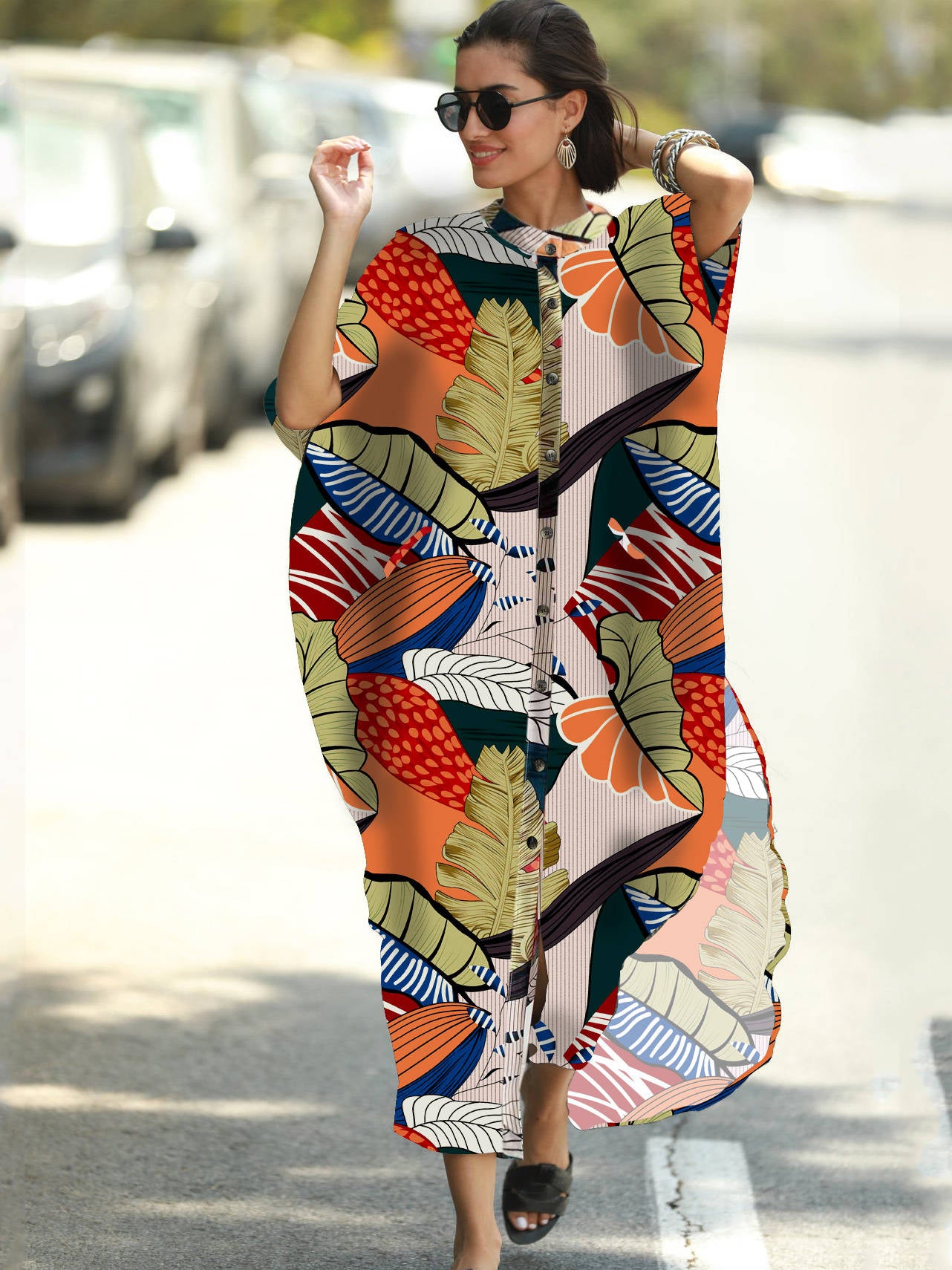 Moomoo Dresses for Women, Plus Size Ethnic Print Kaftan Dress, Mrs Roper Bubu Mumu Boho V Neck 3/4 Sleeve Tunic