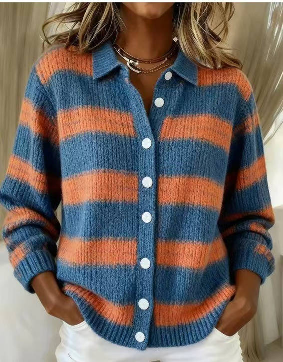 Womens Striped Knit Cardigan with Collared Neck Button Front and Long Sleeves