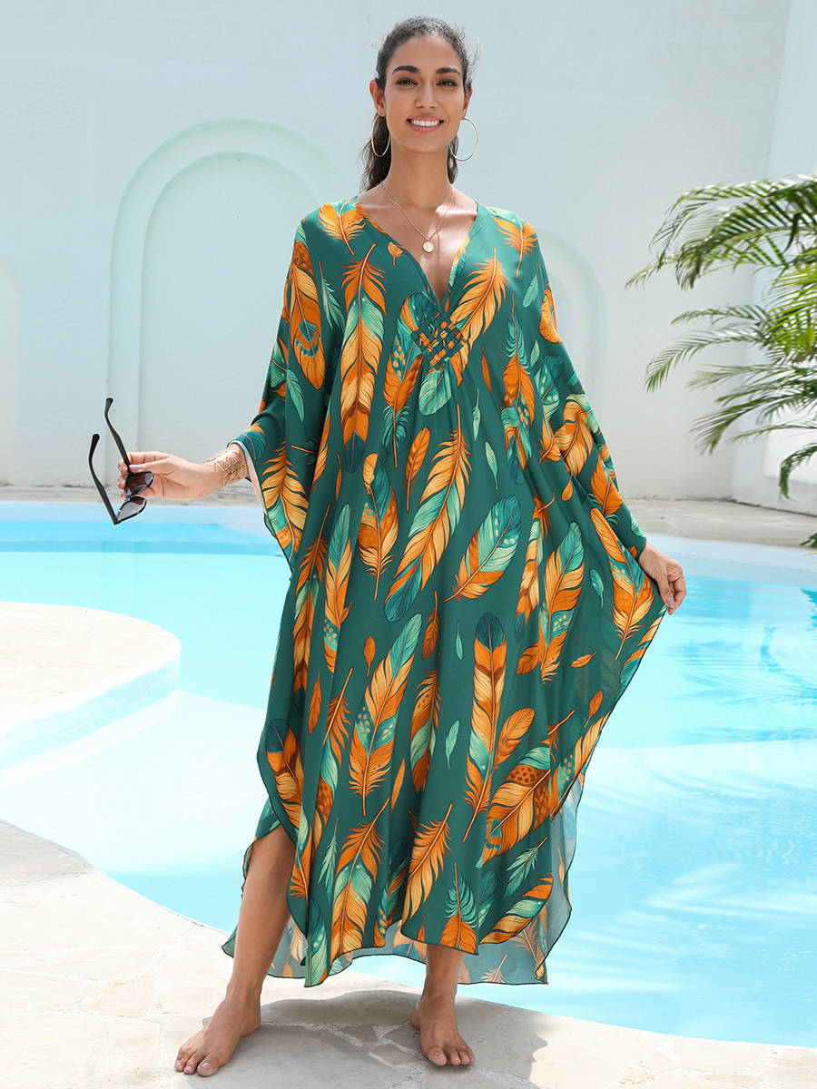 Moomoo Dresses for Women, Plus Size Hawaiian Batwing Sleeve Kaftan Beach Cover Up Dress