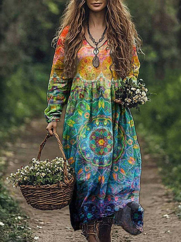 Womens Vintage Western Style V Neck Maxi Dress, Long Casual Dress for Everyday  Wear