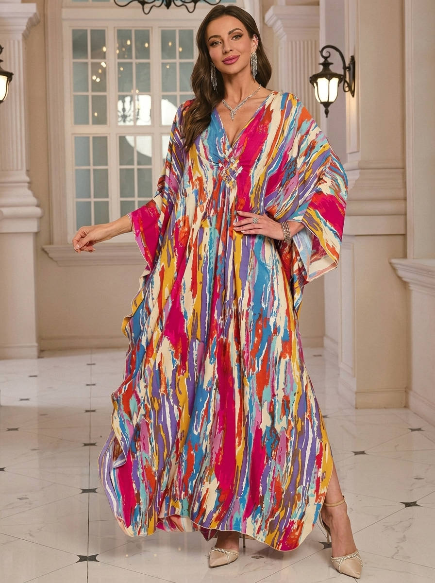 Moomoo Dresses for Women, Plus Size V Neck Batwing Sleeve Floral Kaftan Beach Cover Up Dress