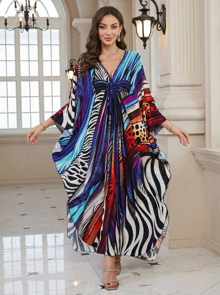 Moomoo Dresses for Women, Plus Size V Neck Batwing Sleeve Floral Kaftan Beach Cover Up Dress