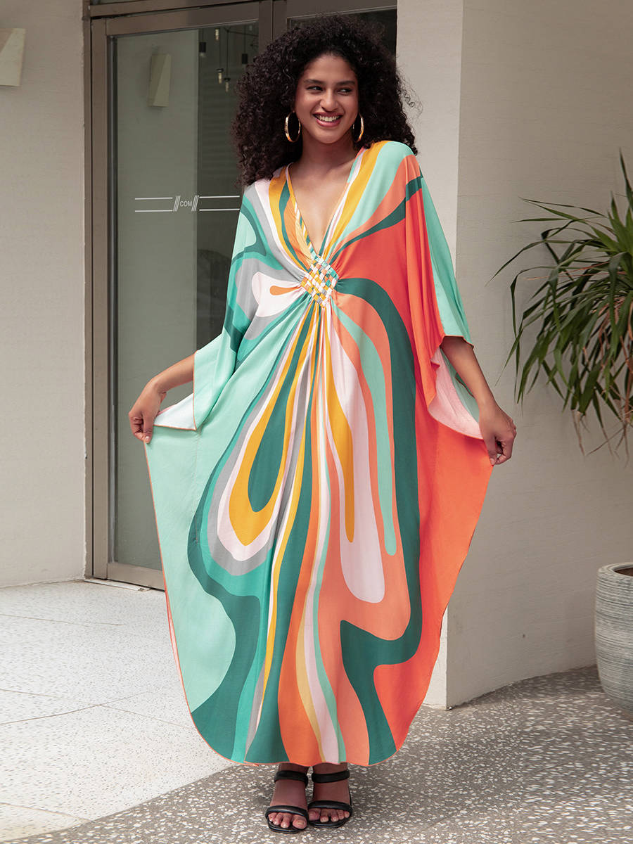 Moomoo Dresses for Women, Plus Size Hawaiian Batwing Sleeve Kaftan Beach Cover Up Dress