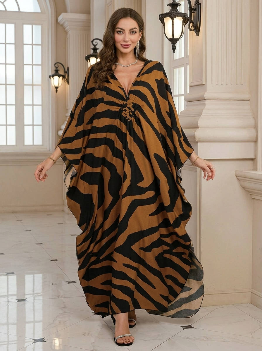 Moomoo Dresses for Women, Plus Size V Neck Batwing Sleeve Floral Kaftan Beach Cover Up Dress