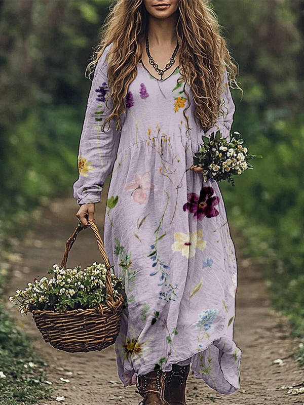 Womens Vintage Western Style V Neck Maxi Dress, Long Casual Dress for Everyday  Wear
