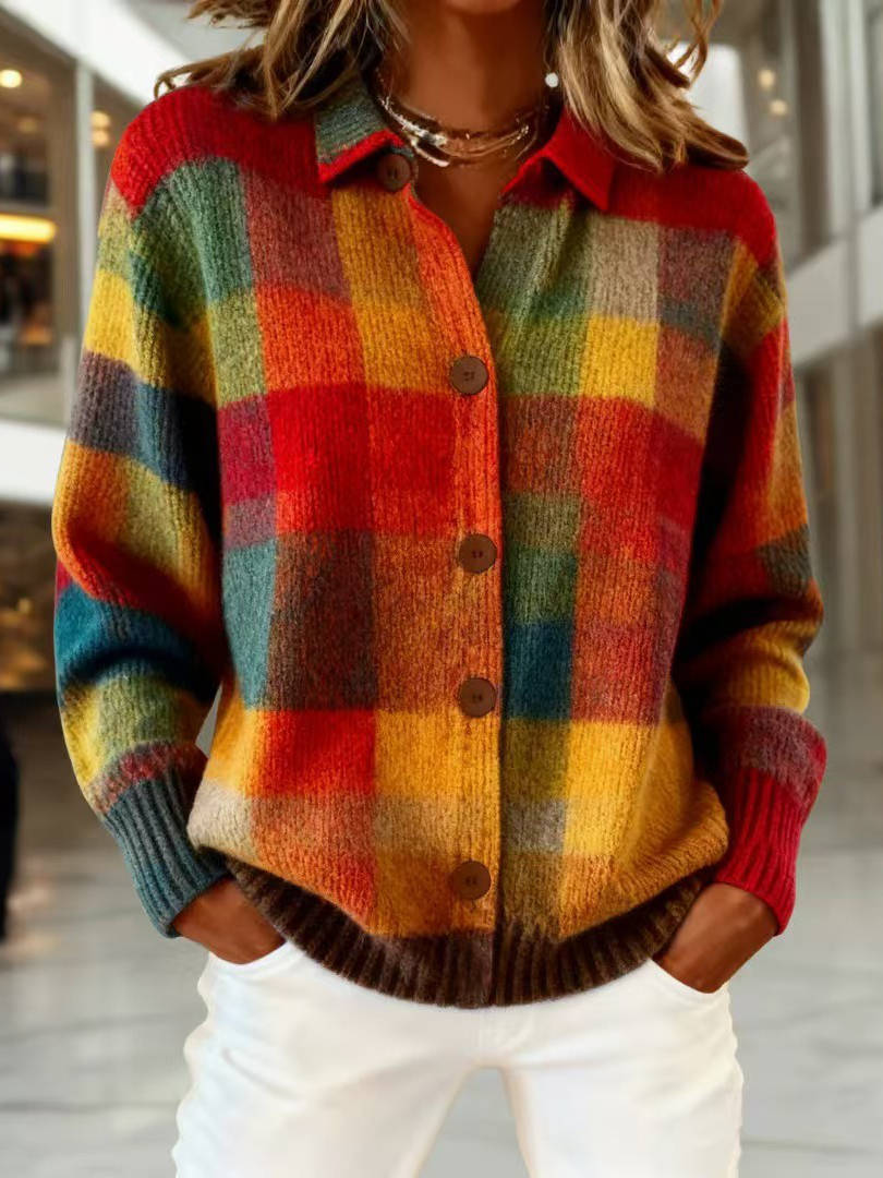 Womens Striped Knit Cardigan with Collared Neck Button Front and Long Sleeves