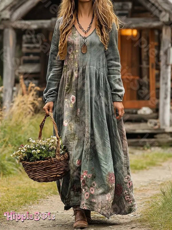 Womens Vintage Western Style V Neck Maxi Dress, Long Casual Dress for Everyday  Wear