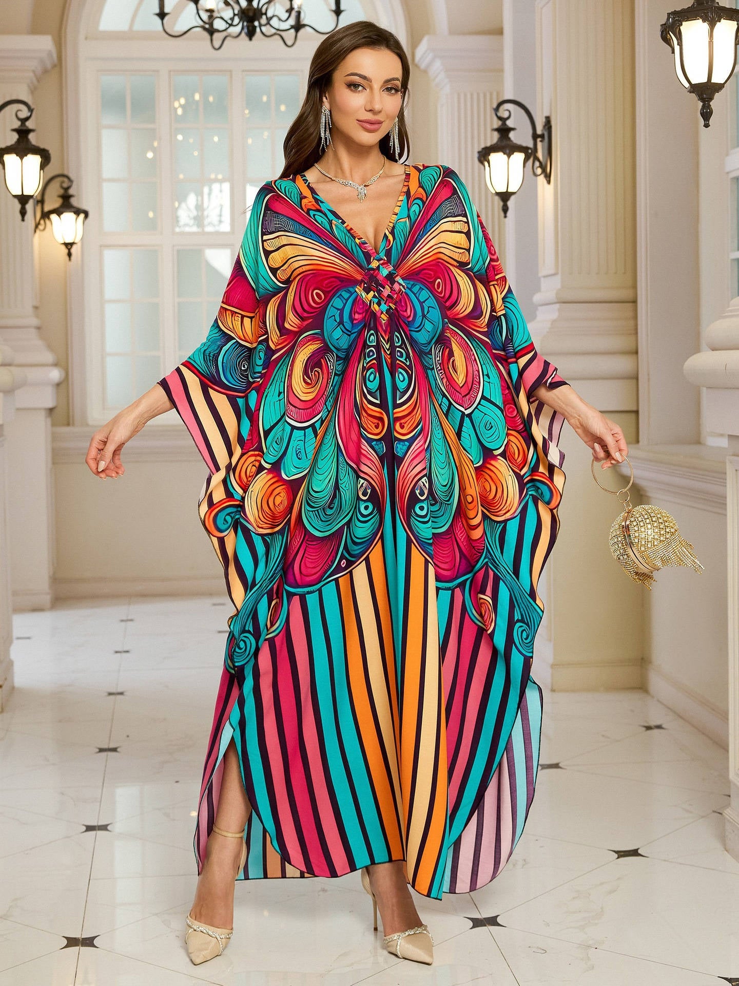 Moomoo Dresses for Women, Plus Size V Neck Batwing Sleeve Floral Kaftan Beach Cover Up Dress