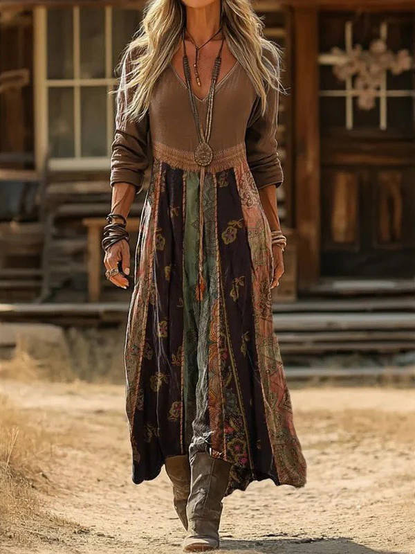 Womens Vintage Western Style V Neck Maxi Dress, Long Casual Dress for Everyday  Wear
