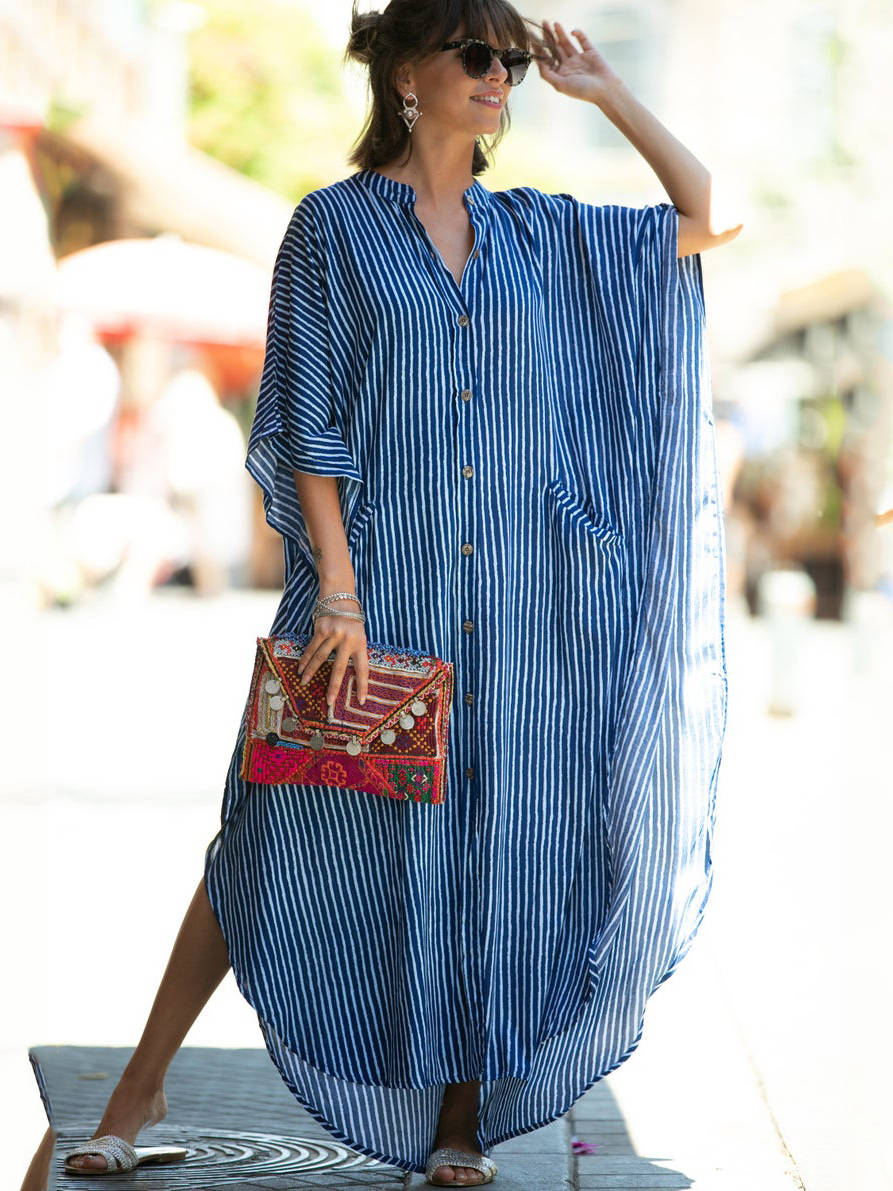 Moomoo Dresses for Women, Plus Size Ethnic Print Kaftan Dress, Mrs Roper Bubu Mumu Boho V Neck 3/4 Sleeve Tunic