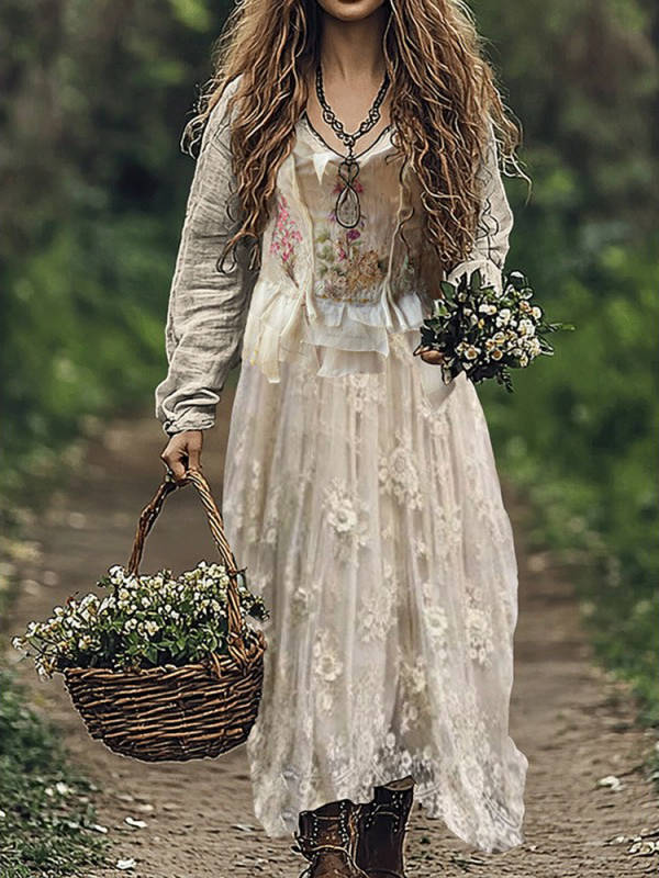 Womens Vintage Western Style V Neck Maxi Dress, Long Casual Dress for Everyday  Wear