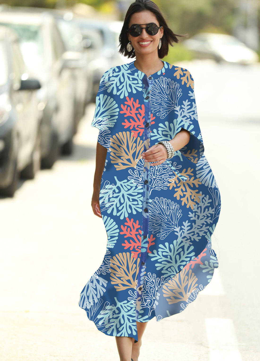 Moomoo Dresses for Women, Plus Size Ethnic Print Kaftan Dress, Mrs Roper Bubu Mumu Boho V Neck 3/4 Sleeve Tunic