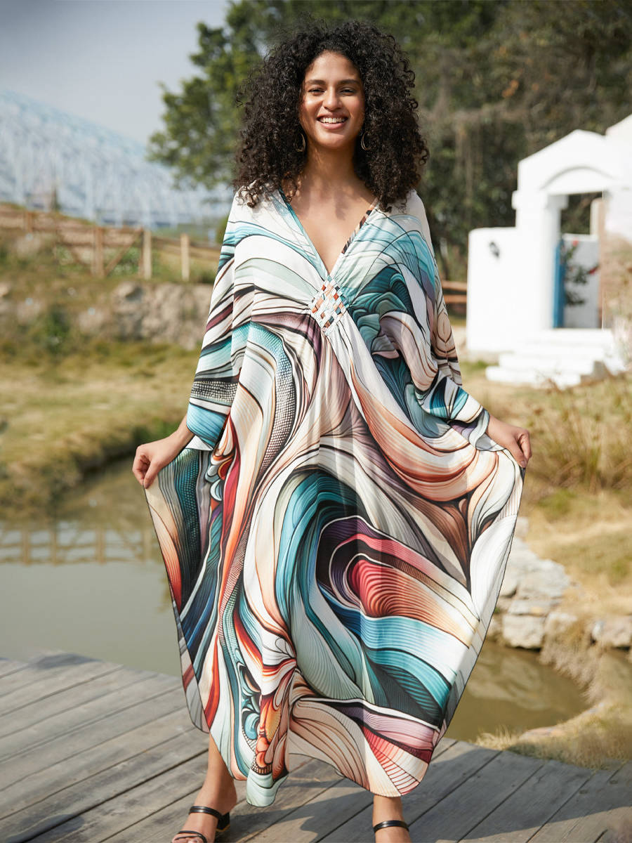 Moomoo Dresses for Women, Plus Size Hawaiian Batwing Sleeve Kaftan Beach Cover Up Dress