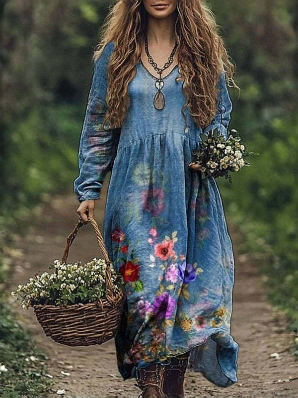 Womens Vintage Western Style V Neck Maxi Dress, Long Casual Dress for Everyday  Wear