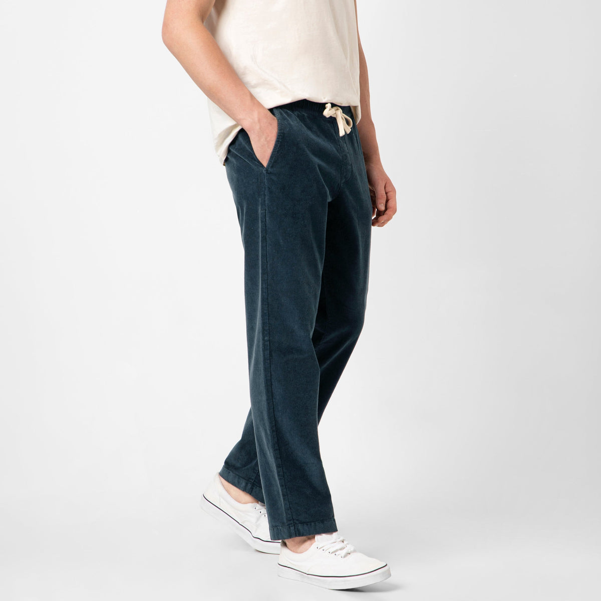 Corduroy Easy Pant Navy side on model