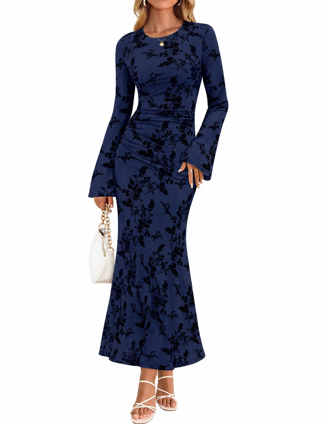 Womens Floral Maxi Dress, Long Sleeve Ruched Mesh Bodycon Dress, Elegant Fall Formal Dress