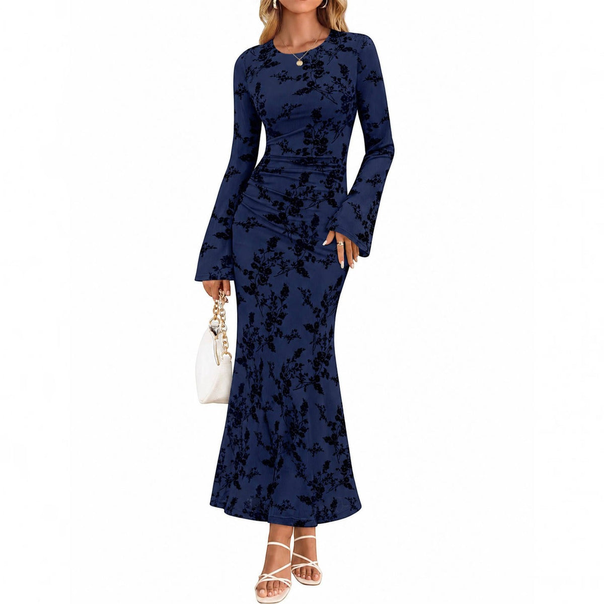 Womens Printed Maxi Dress, Long Sleeve Ruched Mesh Bodycon Dress, Elegant Fall Formal Dress