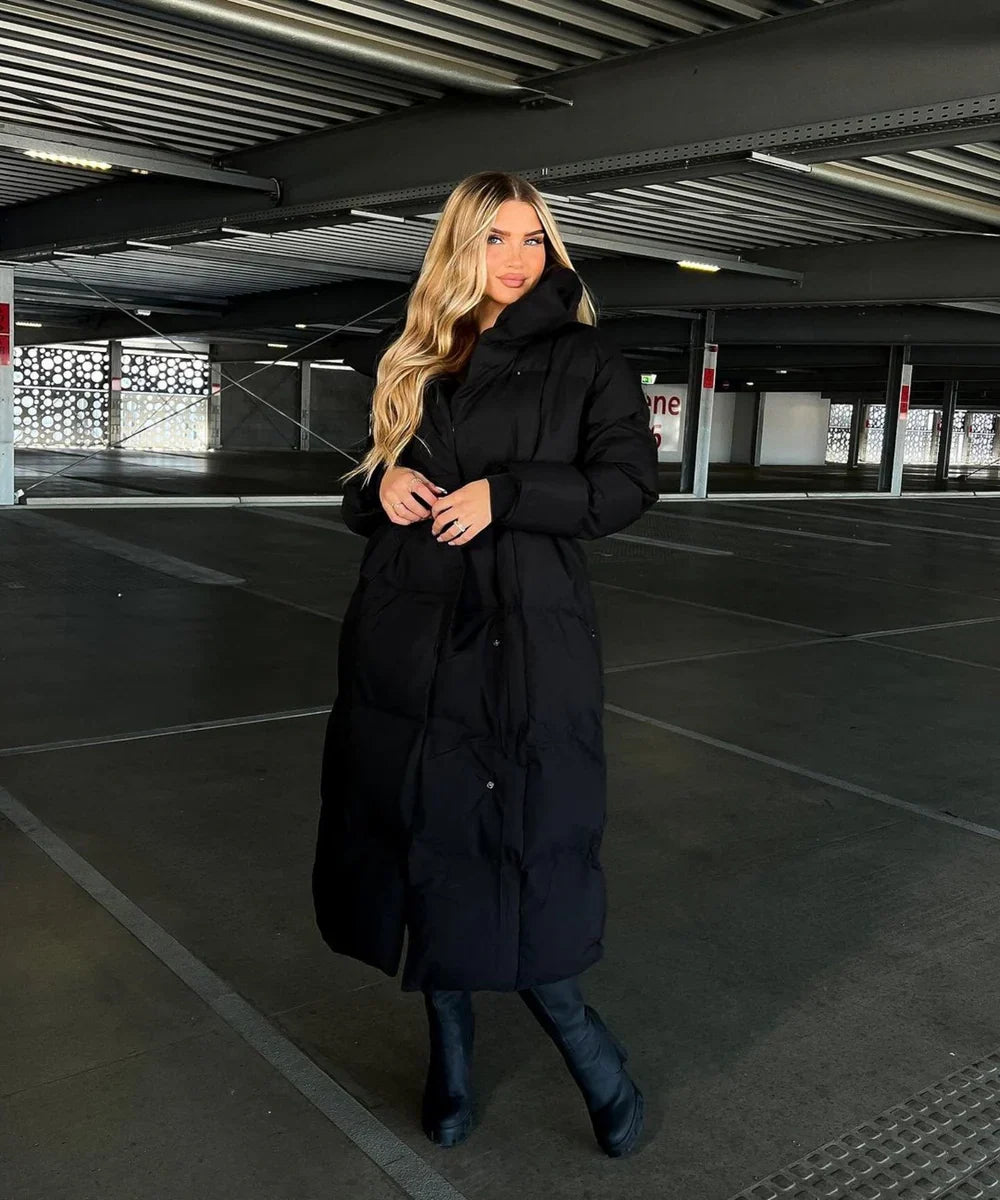 Womens Long Quilted Puffer Coat with Belt and High Collar