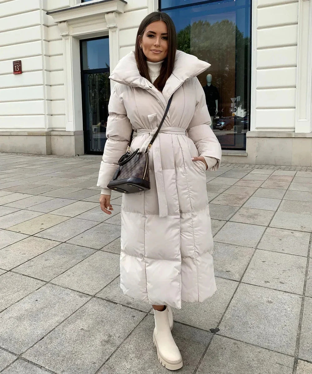 Womens Long Quilted Puffer Coat with Belt and High Collar