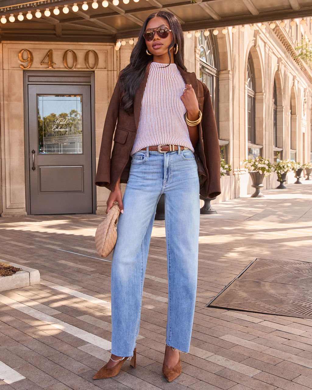Striped Mock Neck Sweater with Cap Sleeves and Stretch Knit Blend