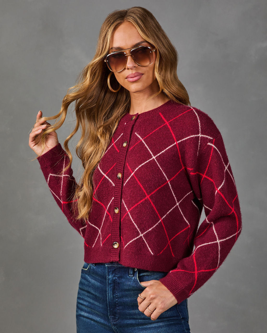 Argyle Knit Cardigan with Stretch Fit, Ribbed Trim and Brushed Fabric