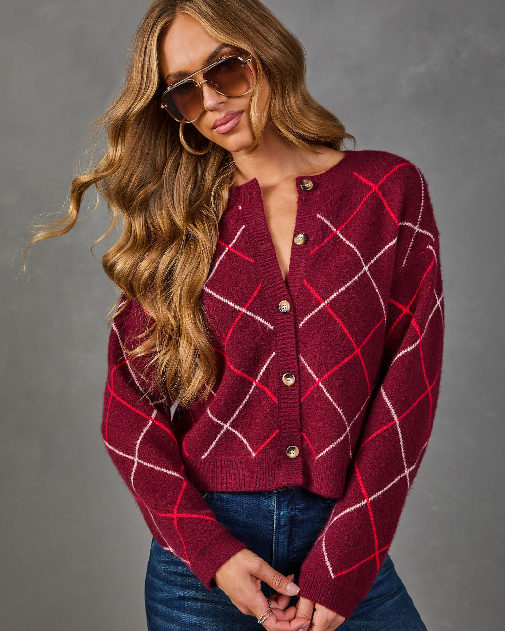 Argyle Knit Cardigan with Stretch Fit, Ribbed Trim and Brushed Fabric