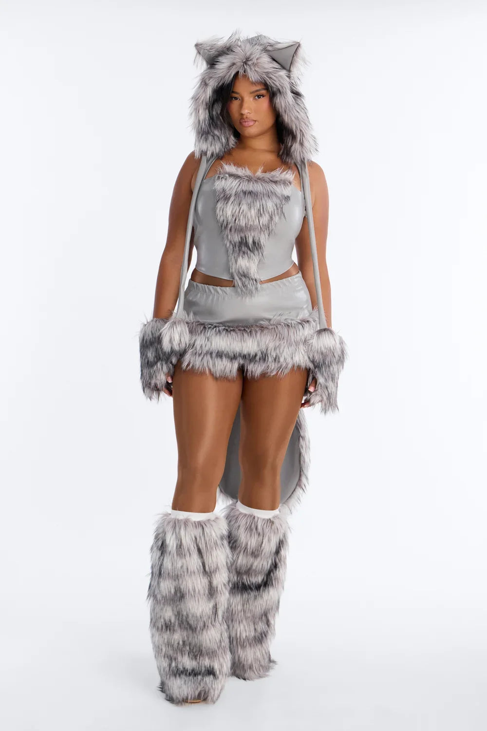 Five Piece Faux Fur Costume Set with Corset, Hood and Legwarmers
