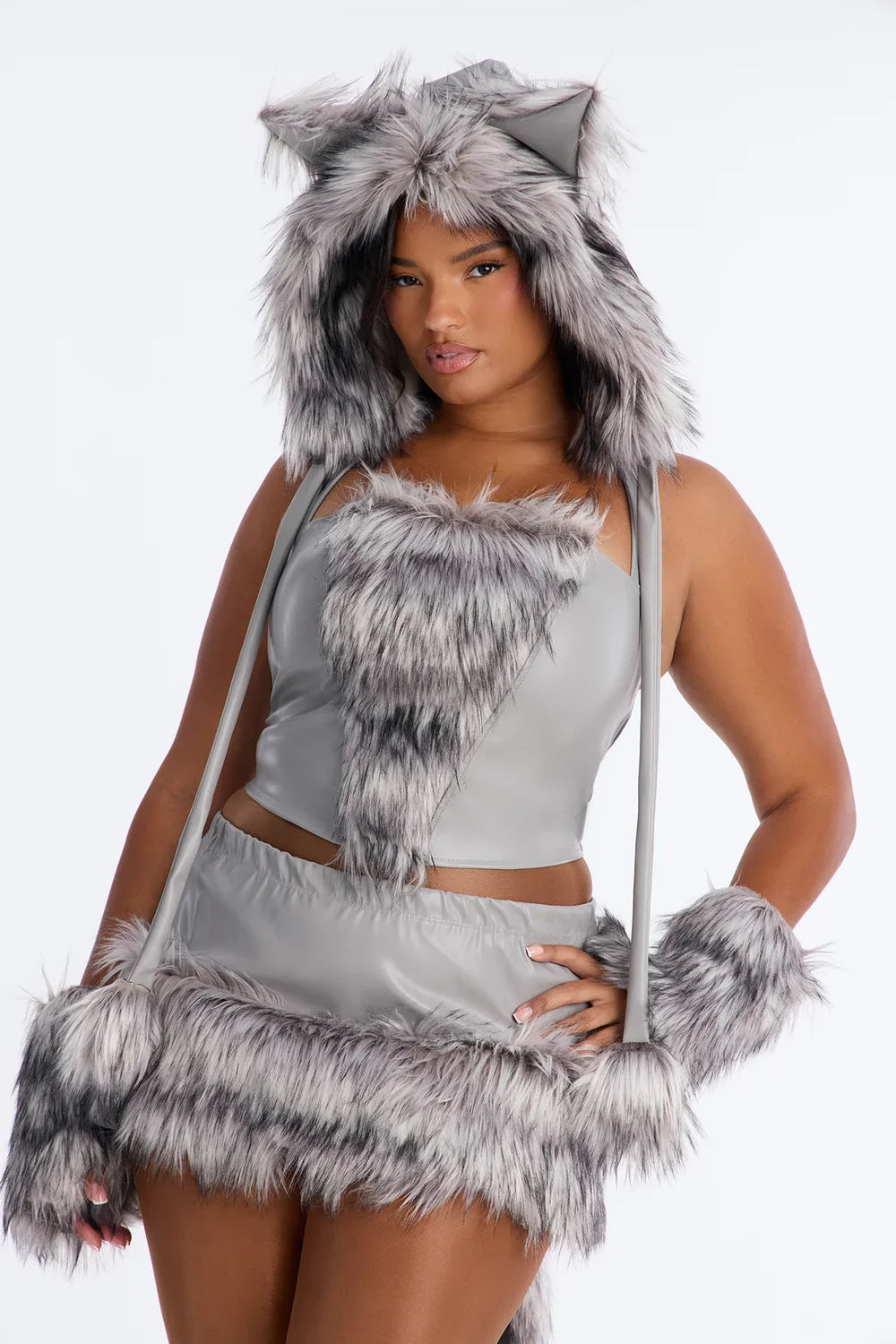 Five Piece Faux Fur Costume Set with Corset, Hood and Legwarmers