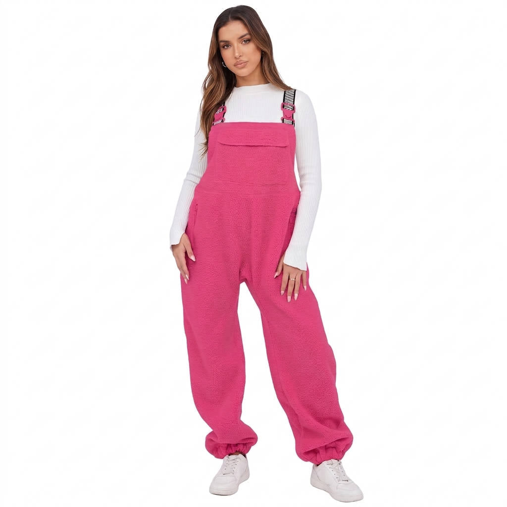 Womens Sherpa Overalls, Fleece Bib Pants, Loose Fit Thermal Jumpsuit with Adjustable Straps and Pockets