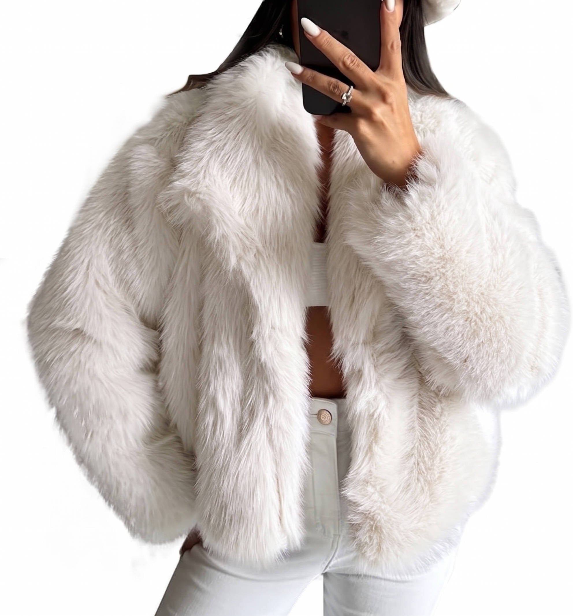 Womens Cropped Faux Fur Jacket, Fluffy Long Sleeve Winter Coat