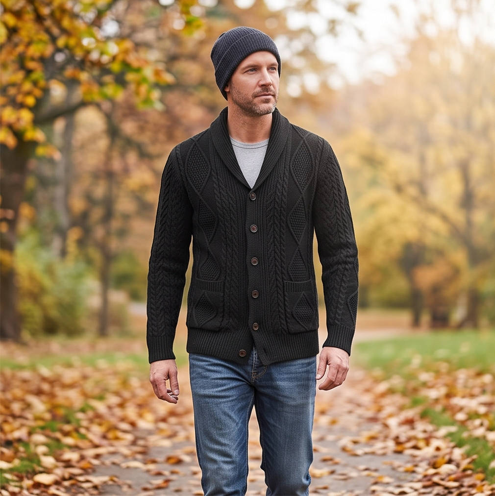 Mens Wool Blend Shawl Collar Cable Knit Cardigan Sweater, Button Front Long Sleeve with Pockets