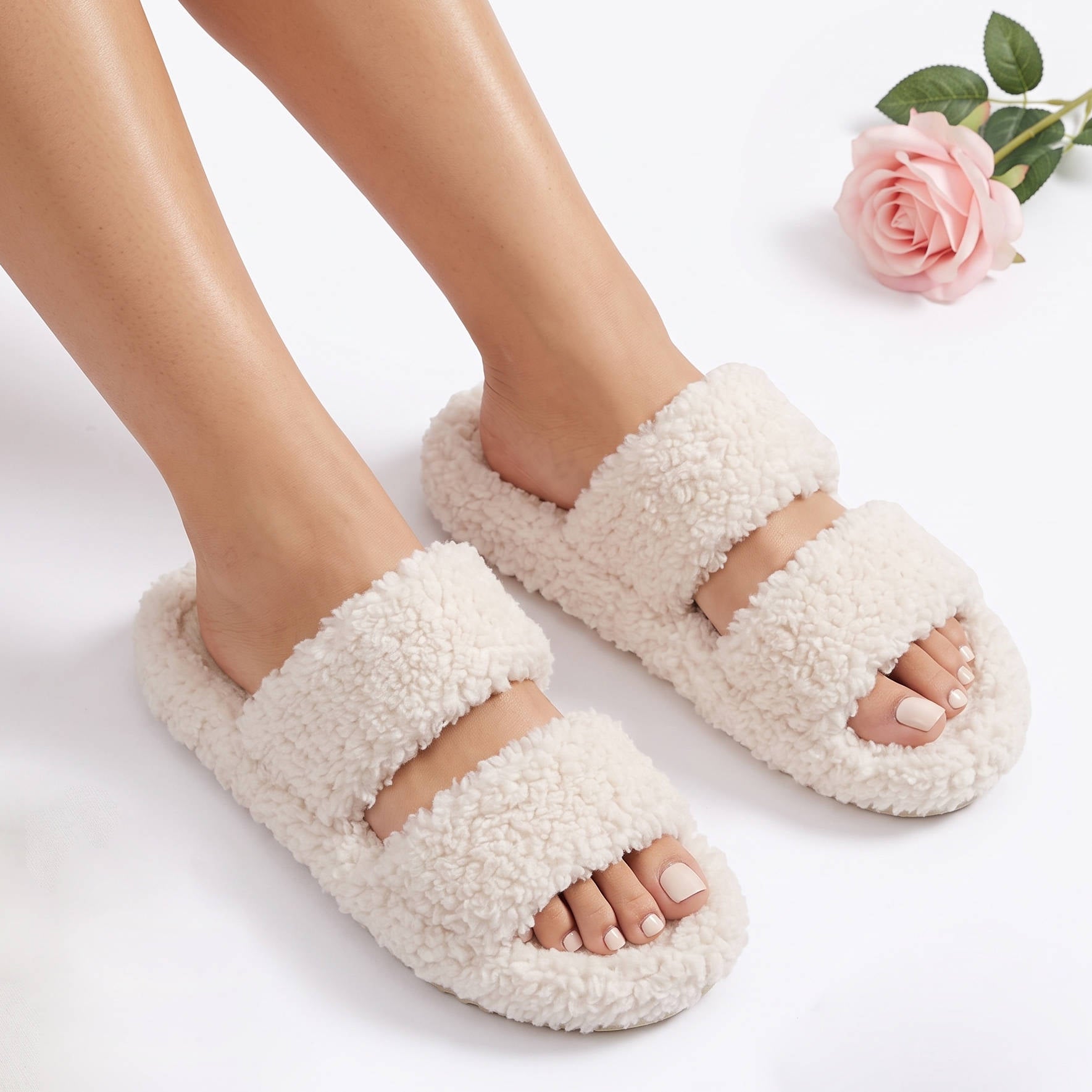 Women's Fuzzy Open Toe Slippers, Memory Foam Indoor House Shoes, Anti Slip Lightweight Indoor Outdoor Slippers