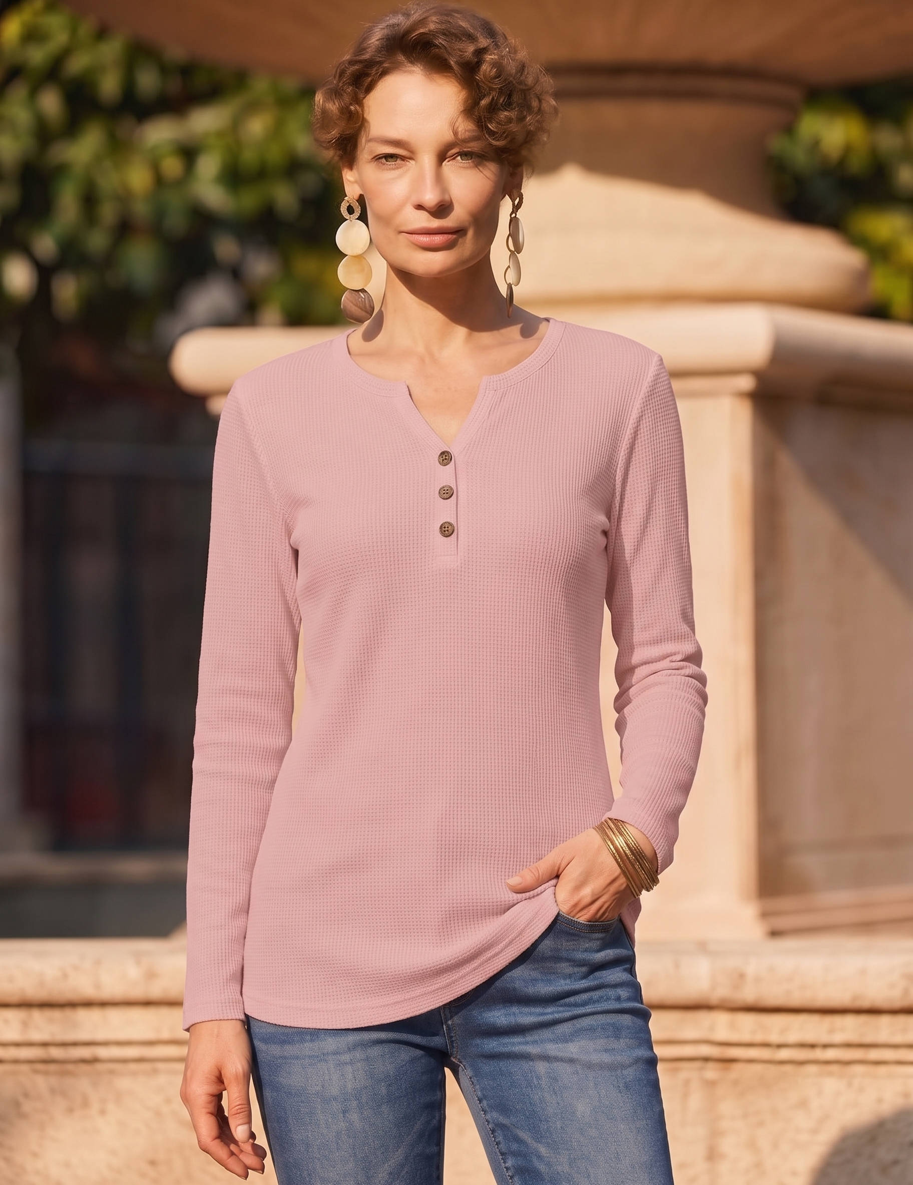Women's Long Sleeve Waffle Knit Shirts, Dressy Casual Loose Button Up V Neck Tops, Fall Basic Tee Blouse