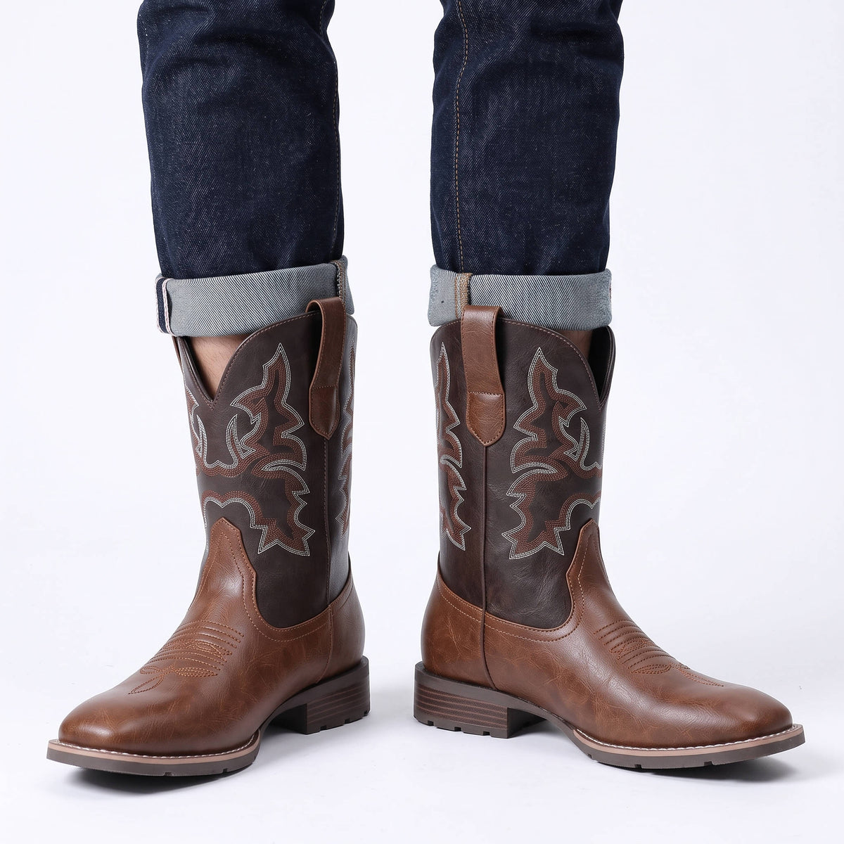 Mens Cowboy Boots, Western Boots with Embroidered Design, Slip Resistant Square Toe Chunky Heel Ankle  Boots