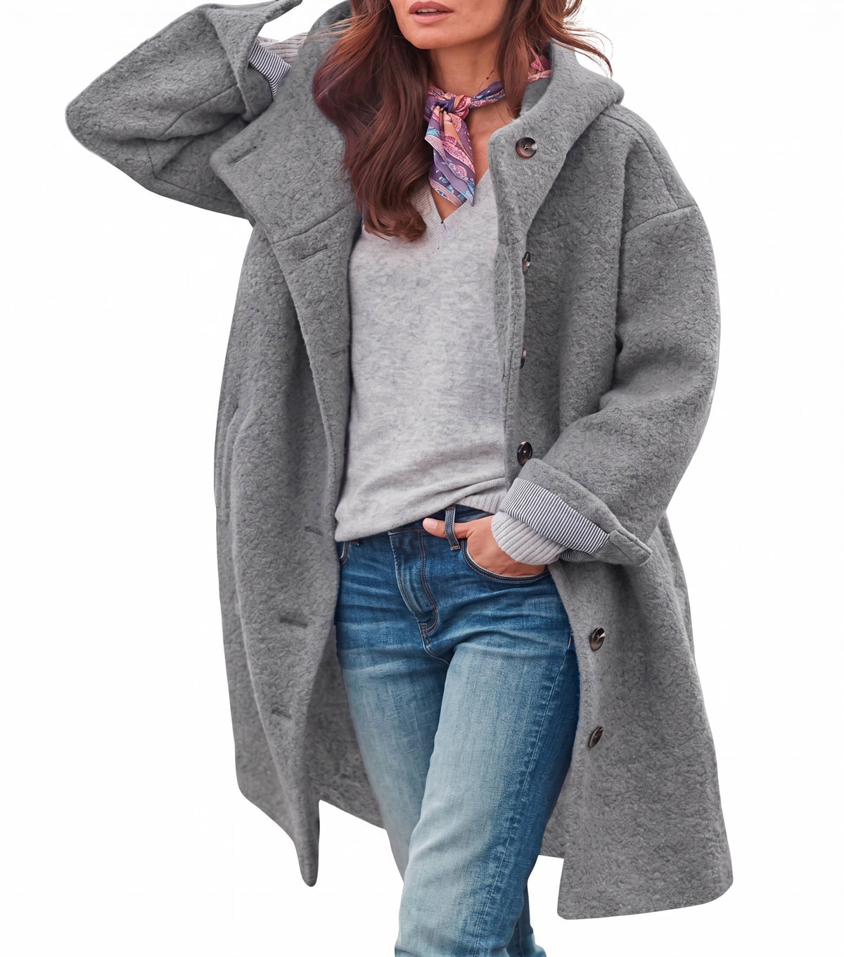 Women's Hooded Wool Coat, Long Button Front Winter Jacket, Casual Warm Outerwear
