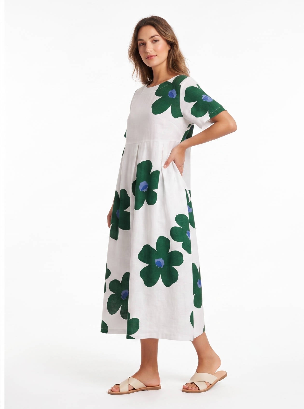 Womens Floral A Line Midi Dress, Short Sleeve Casual Summer Dress