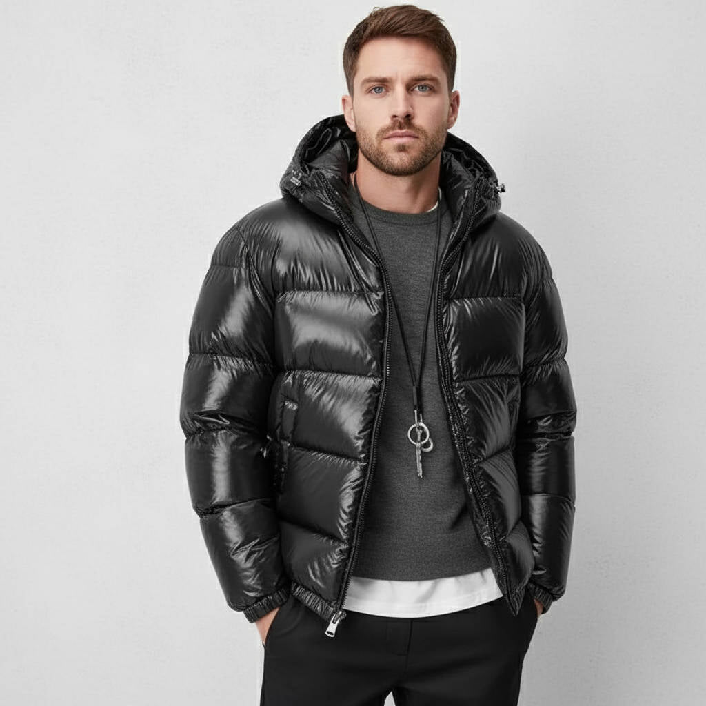 Hooded Puffer Jacket for Men with Cotton Padding and Stand Collar