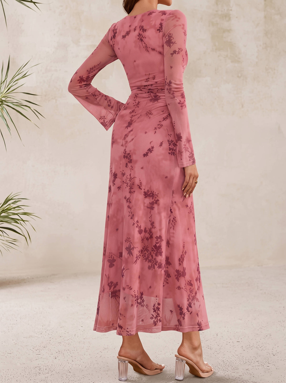 Womens Floral Maxi Dress, Long Sleeve Bodycon Ruched Mesh Formal Dress for Fall Evening Events