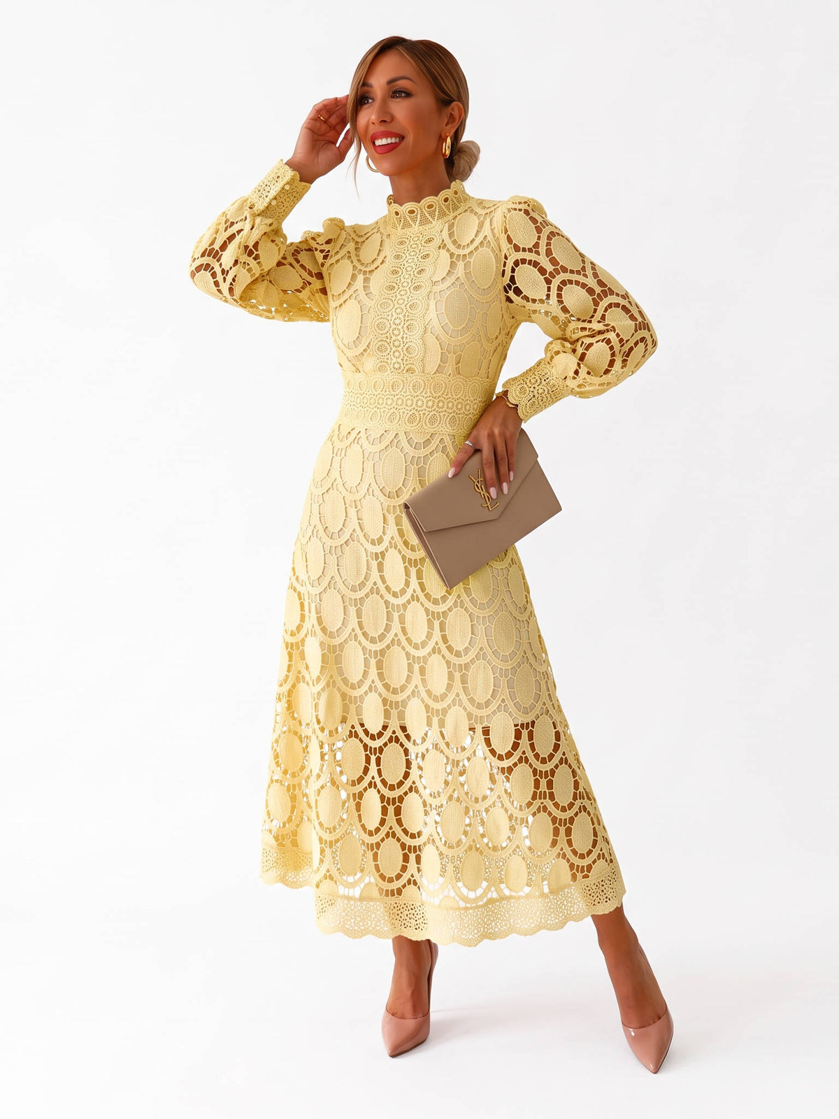 Womens Camille Openwork Midi Dress, Elegant Cutout Knit Dress, Stylish Casual Occasion Wear