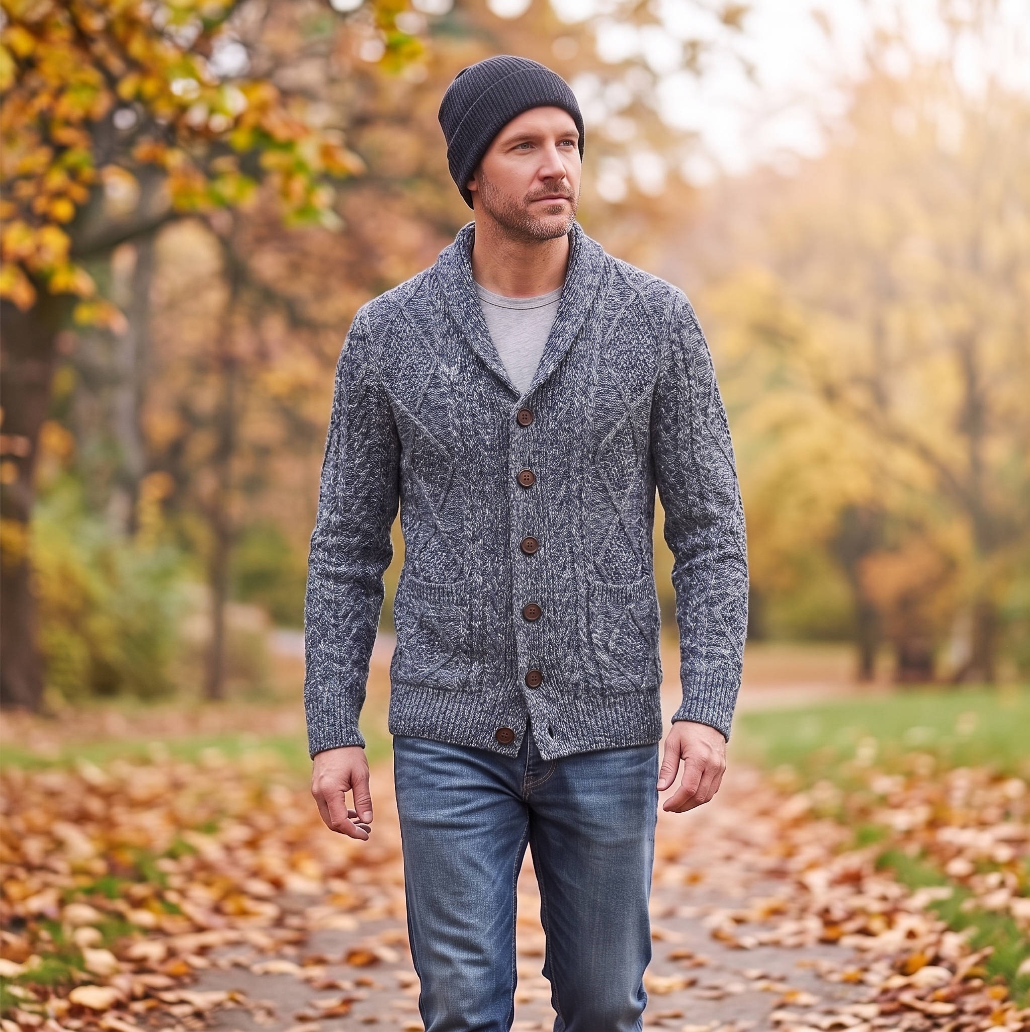Mens Wool Blend Shawl Collar Cable Knit Cardigan Sweater, Button Front Long Sleeve with Pockets